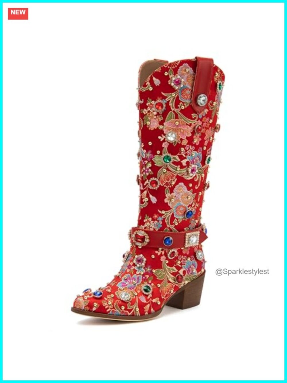 Rhinestone Cowgirl Boots Pointed Toe Chunky Heel Mid-Calf Western